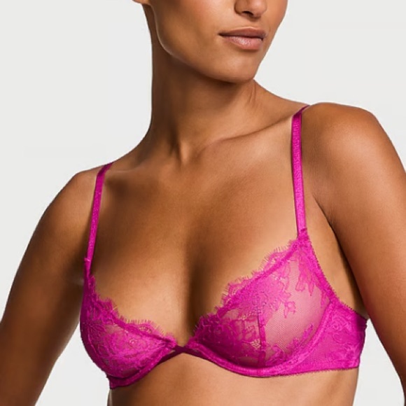New! Victorias Secret Rose Lace Unlined Low-Cut Demi Bra fuchsia 20105 - Picture 2 of 9